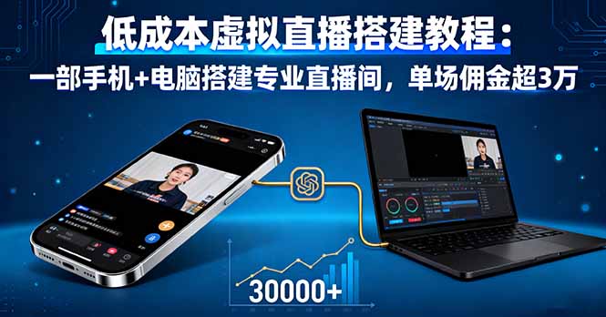 低成本虚拟直播搭建教程：一部手机+电脑搭建专业直播间，单场佣金超3万-出门会