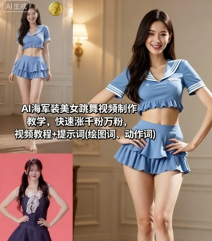 AI海军装美女跳舞视频制作教学，快速涨千粉万粉，视频教程+提示词(绘图词、动作词)-出门会