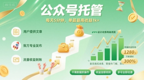 【公众号托管 】我提供文章，你发布，每天5分钟，单篇最高收益1k+【揭秘】-出门会