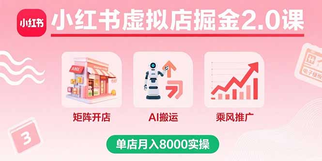 小红书虚拟店掘金2.0课，矩阵开店+AI搬运+乘风推广，单店月入8000实操-出门会