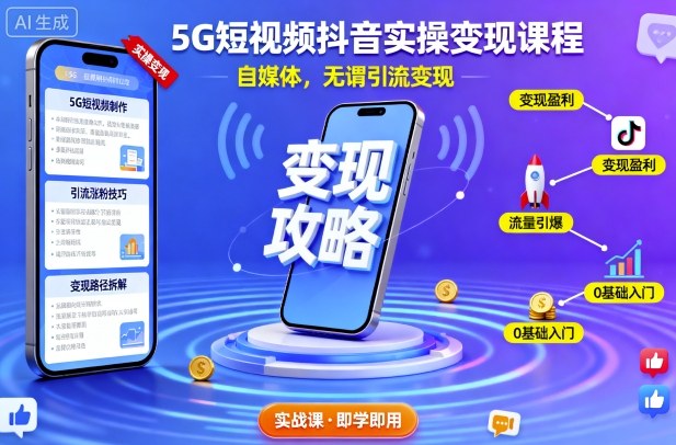 5G短视频抖音实操变现课程，自媒体，无谓引流变现-出门会
