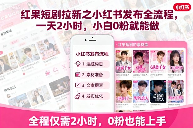 红果短剧拉新之小红书发布全流程，一天2小时，小白0粉就能做-出门会